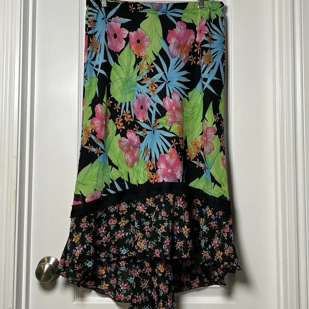Versailles Colorful Floral Ruffle High Low Midi Skirt Vacation Resort Core Style